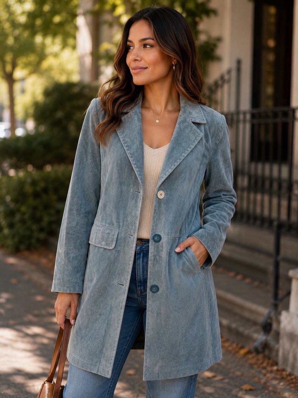Bernardo Women's Suede Leather Jacket Blue Gray Size S Vintage 1990s Y2K